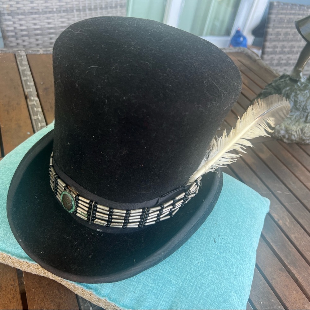 Steam Punk Mad Hatter Dorfman Pacific Black Top Hat silver turquoise & feather